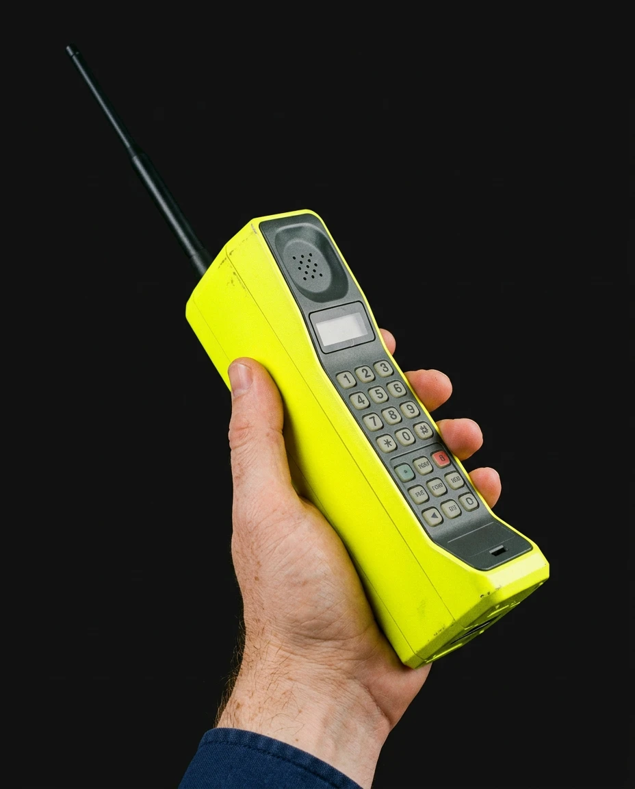 Teléfono móvil retro amarillo sostenido en la mano